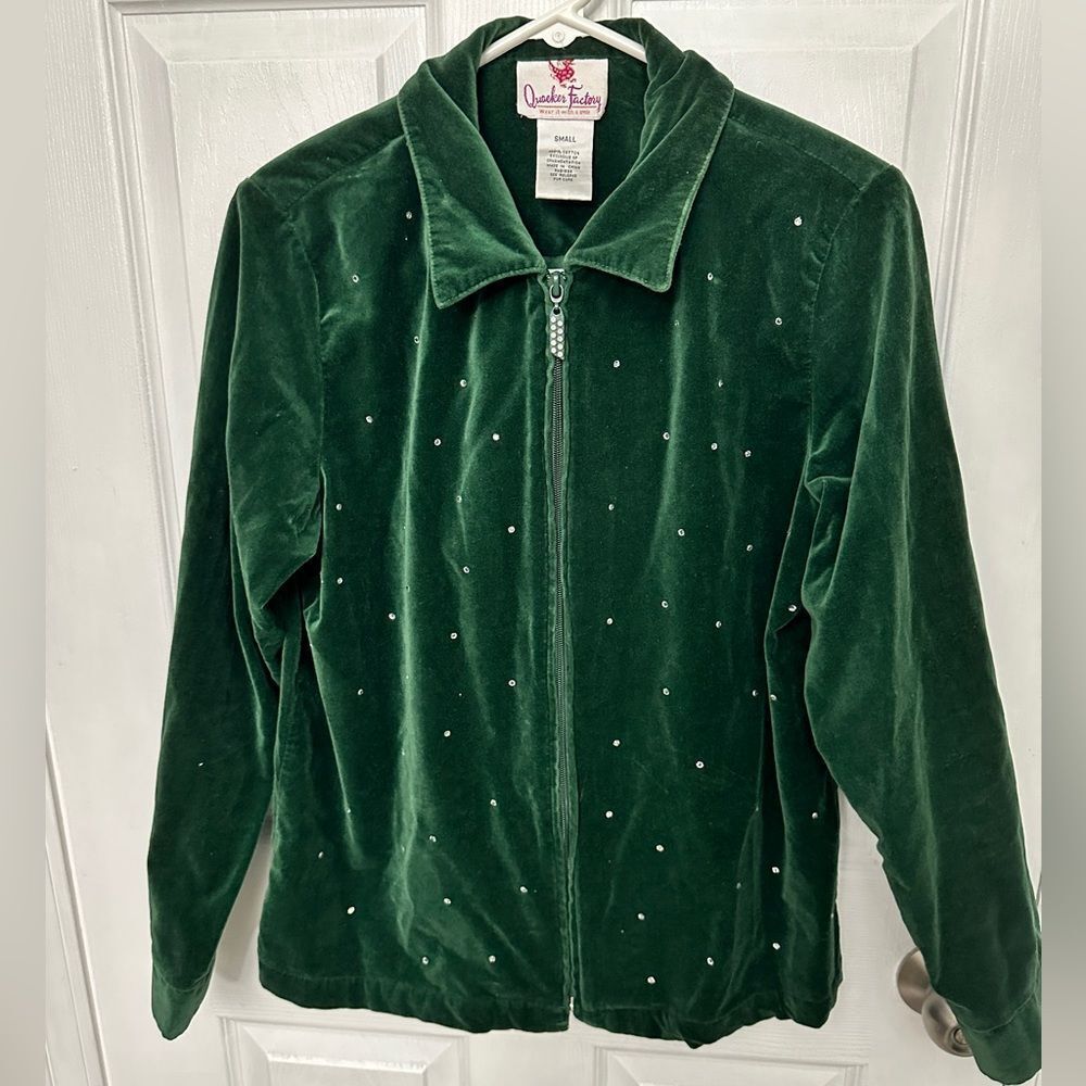 Vintage The Quacker Factory zip up green rhinestone velour jacket top Size Small